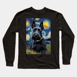 Adorable Scottish Terrier Dog Breed Painting in a Van Gogh Starry Night Art Style Long Sleeve T-Shirt